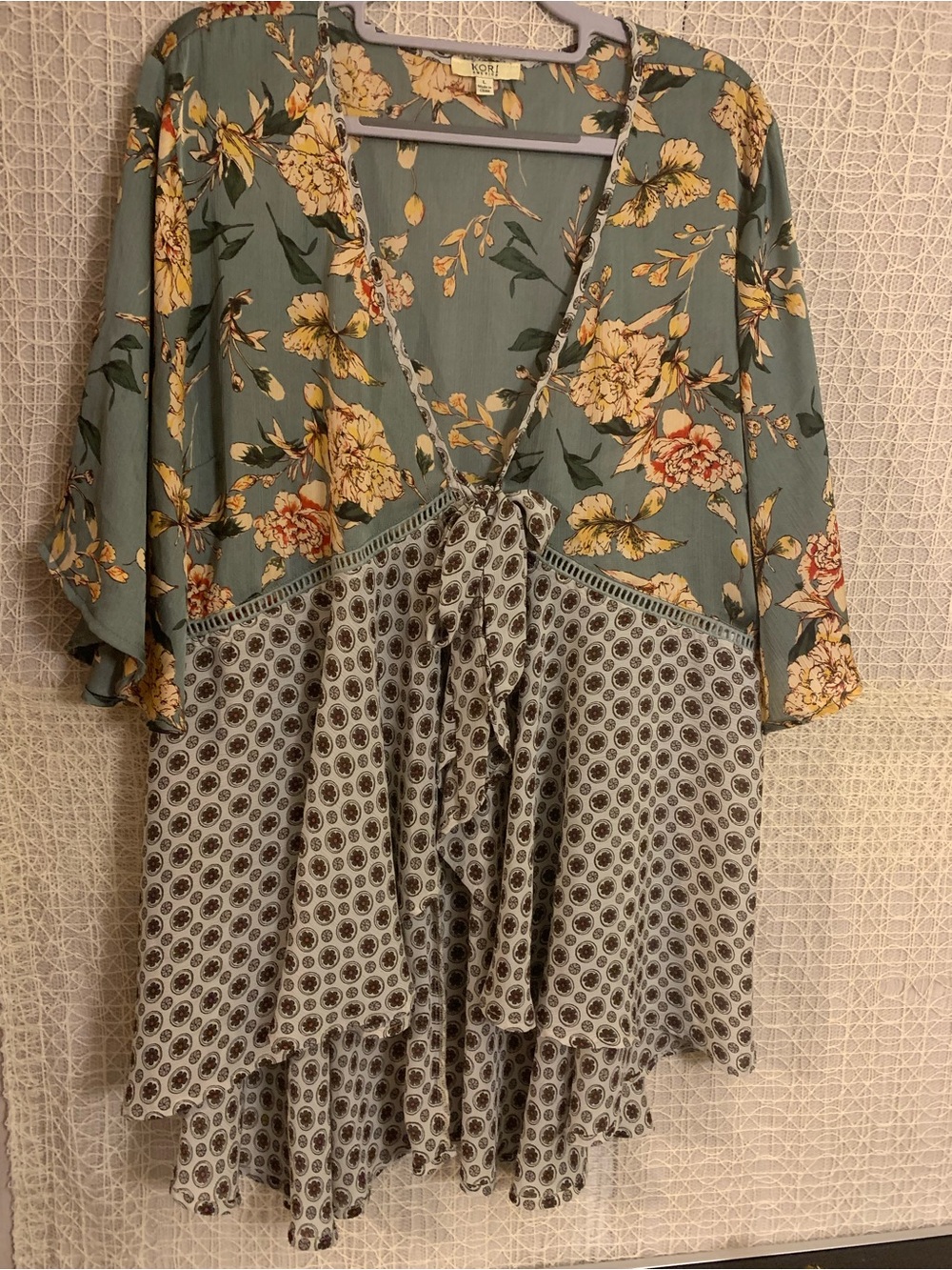 KORI AMERICA Kimono Cardigan Floral Geometric Print Tie Front Women's Size L